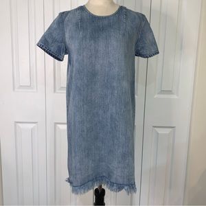 Pistola SzSm fringed light wash denim short sleeve dress zip up back